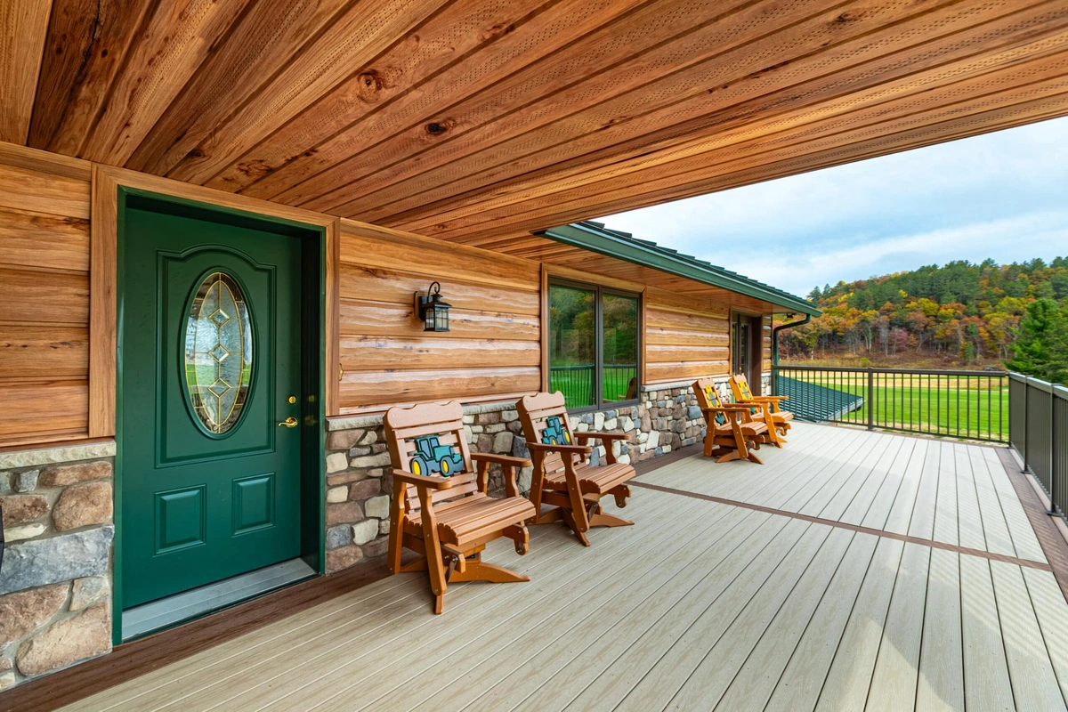 Log cabin porch with TruLog steel log siding